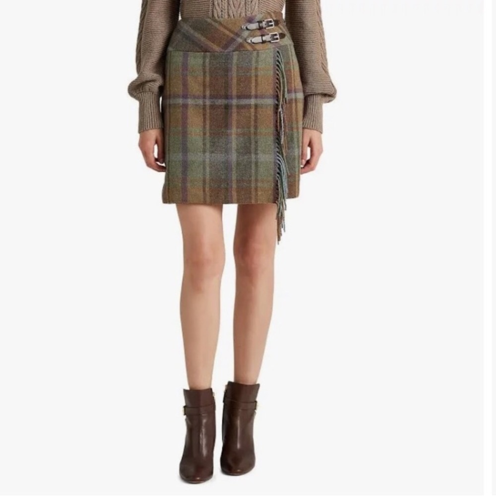 nwt Lauren Ralph Lauren Plaid Wool Skirt Tweed Mini Wrap Skirt Fringe Size 10